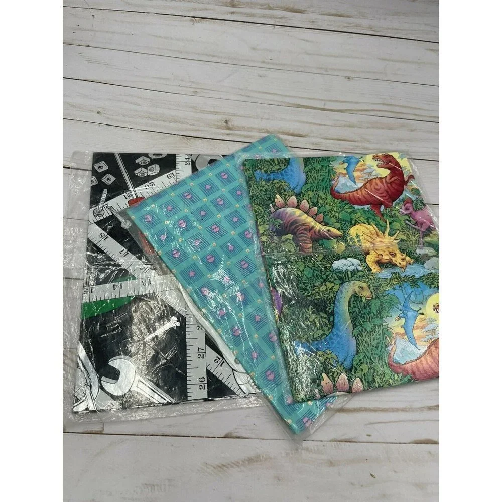 Vintage Wrapping Paper Lot Of 3 NOS Tools Dinosaurs Floral Retro Sheets Made USA